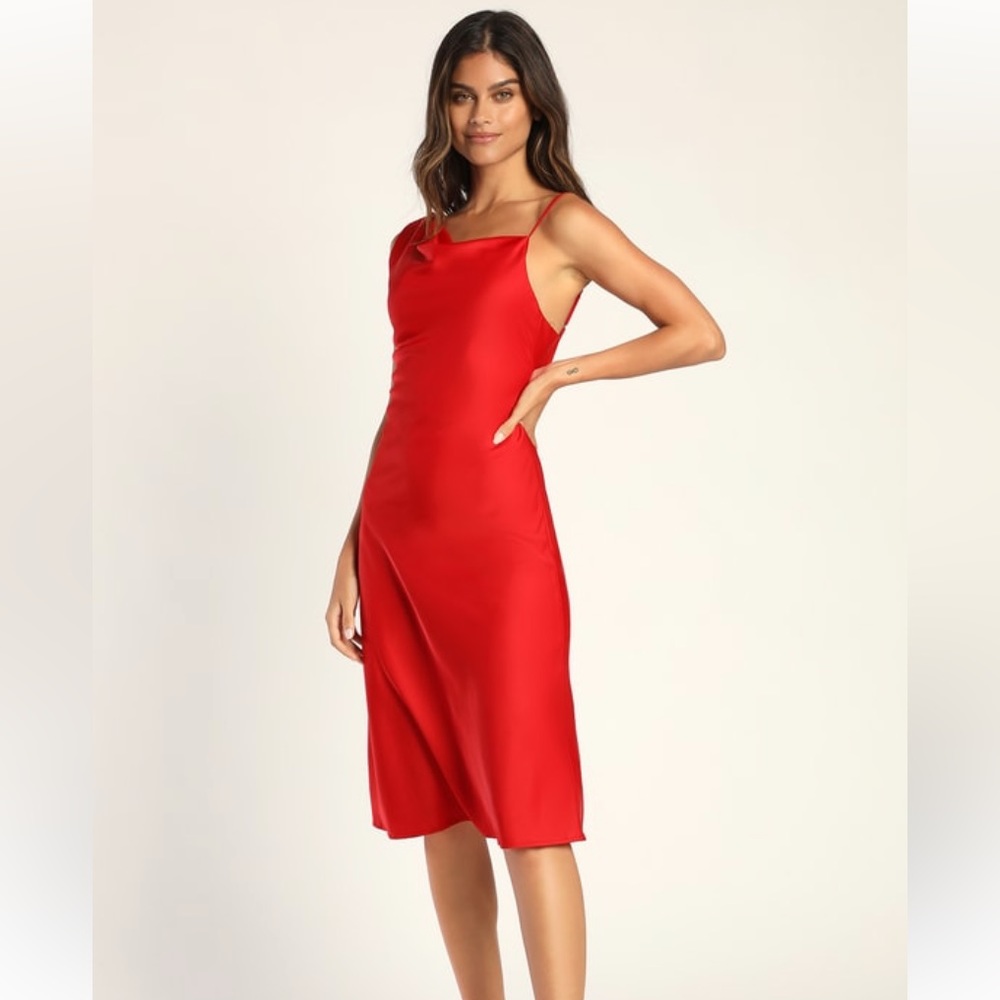 Candlelit Romance Red Satin Asymmetrical Midi Dress size M